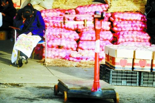 水果批發(fā)市場內(nèi)，沒有客戶時，商戶在繡十字繡