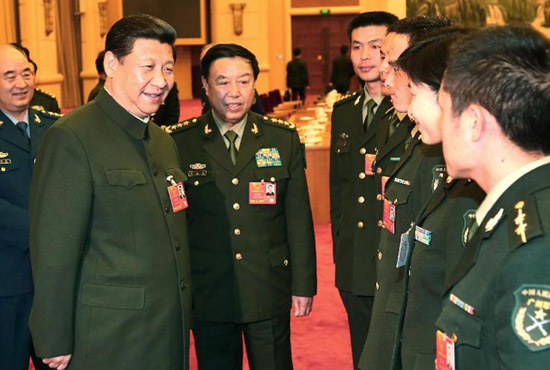 中共中央總書記、中共中央軍委主席習(xí)近平出席十二屆全國(guó)人大一次會(huì)議解放軍代表團(tuán)全體會(huì)議并發(fā)表重要講話。