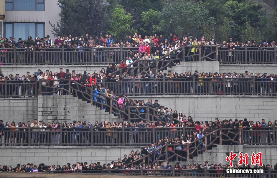 重慶上萬(wàn)粉絲在南濱路等待《奔跑吧兄弟》節(jié)目的錄制。