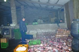  警方現(xiàn)場查獲的大量病死豬肉及“問題”腌臘制品。 沙區(qū)警方供圖