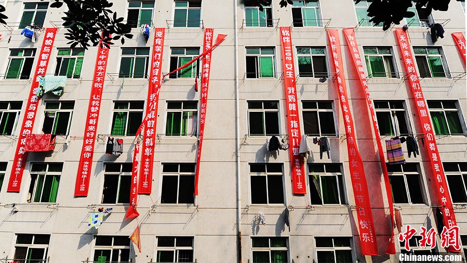 圖為男生宿舍掛起的二十多條橫幅。