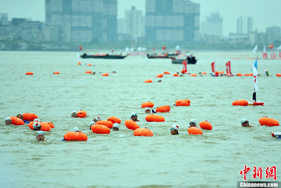 圖為江面上的橫渡方隊里的選手們劈波斬浪。中新社發(fā) 張暢 攝