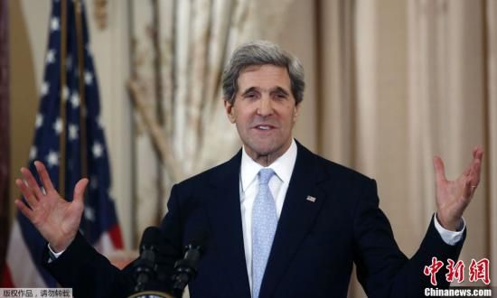 資料圖：當(dāng)?shù)貢r(shí)間2月6日，美國(guó)華盛頓，新任國(guó)務(wù)卿約翰·克里宣誓就職，副總統(tǒng)拜登出席了就職儀式。