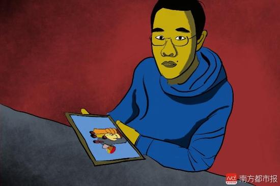 王煥凱看著一家人幸福的合照，黯然神傷，悔不當(dāng)初。（畫(huà)作者：吳斌）