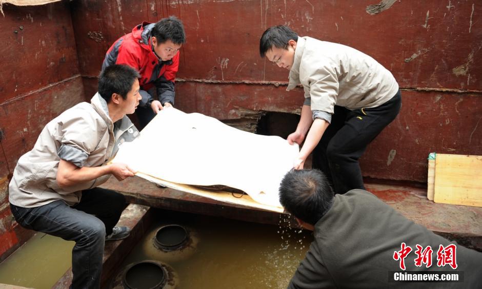 圖為考古現(xiàn)場工作人員小心翼翼將文物取出。