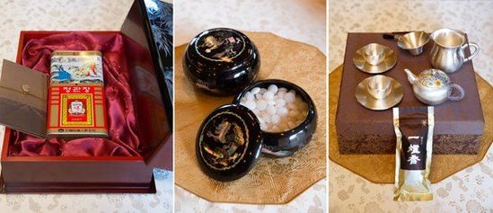 　當?shù)貢r間2014年7月4日，韓國總統(tǒng)樸槿惠向中國國家主席習近平贈送的紅參和茶具等。