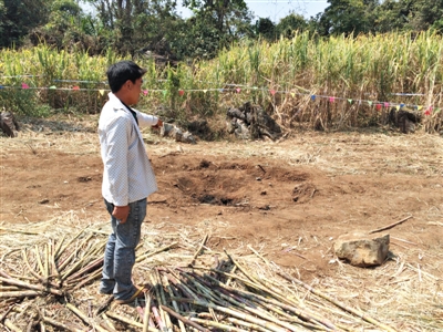 昨日，在大水桑樹村，村民向記者展示13日造成5死8傷的炸彈事件彈坑。