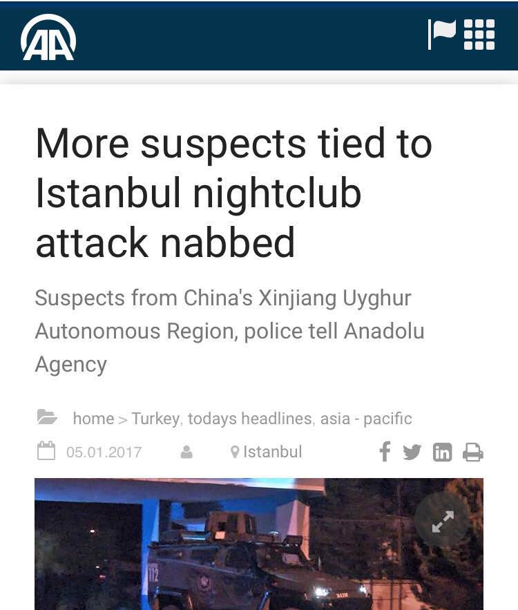 香港東網(wǎng)1月5日晚間報道稱，土耳其伊斯坦布爾元旦恐襲才發(fā)生數(shù)日，西部城市伊茲密爾周四發(fā)生汽車炸彈襲擊，至少11人受傷，當(dāng)中1人重傷，有目擊者稱現(xiàn)場傳出槍聲，警方證實4人死亡，包括2名行兇者及1名警員和法院職員。事發(fā)后不久，土耳其國營媒體阿納多盧通訊社報道稱，該國警察拘押了幾人，他們是來自中國。