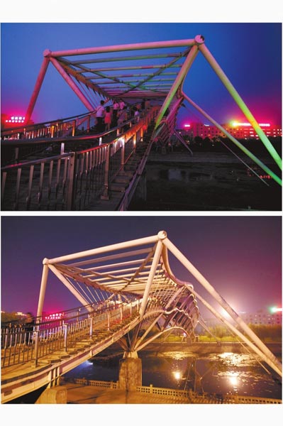 花園路西側東風渠景觀橋，上圖攝于7月31日晚間，下圖攝于10月9日晚間。