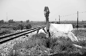 6月30日， 農(nóng)戶用搭建的窩棚和電線桿阻擋了鐵路的施工。新華社發(fā)