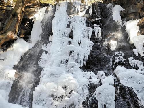 富士河口湖畔的瀑布結冰，成了一道“冰瀑”。