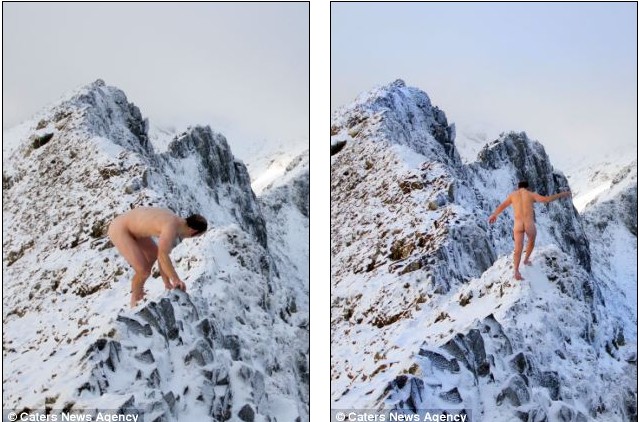 英國(guó)登雪山愛好者不畏嚴(yán)寒 近千米高雪山頂裸體行走